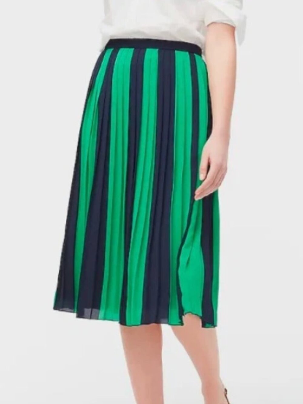 J. Crew Factory Navy Blue Green Pleated Chiffon Midi Skirt Striped sz 6 Preppy